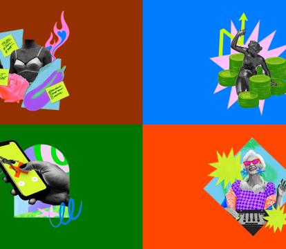 L-R: Illustrations for All About Women events Labour of Love, Money Matters, Heterofatalism and A Wisdom of Age