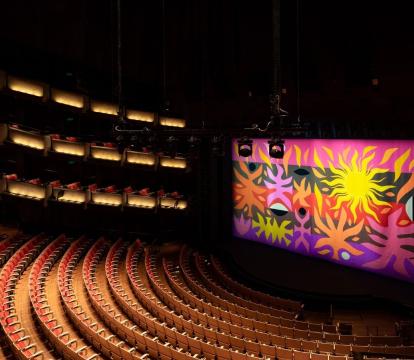 An empty theatre with the tapestry curtain closed over the stage.
