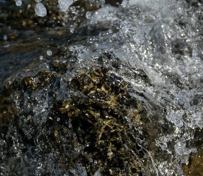 Water splashing a big rock.