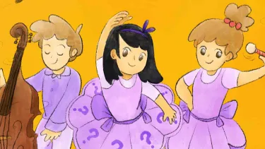 Three illustrated children in ballet outfits.
