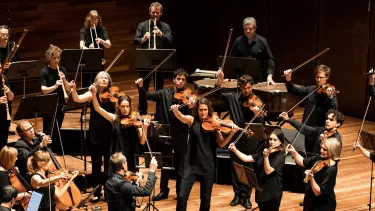The string section of an orchestra on stage mid-performance, all wearing black, with bows raised.