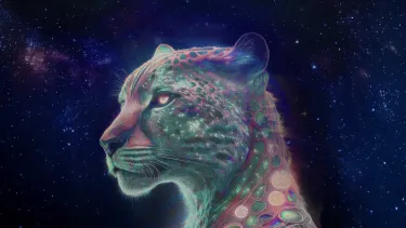 An animated lion head in front of a galaxy.