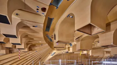 A wooden roof structure.