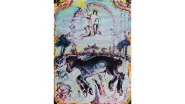 A colourful painting with a lamb as its subject.