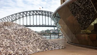 Whispers, a midden of oyster shells on the Sydney Opera House podium with the Sydney Harbour Bridge in the background.