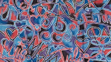 Dynamic graffiti artwork displaying diverse letters and symbols in hues of blue, red, black and purple.