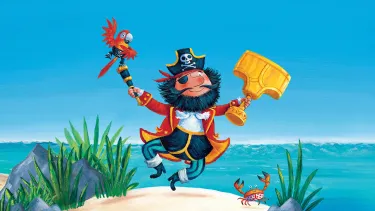An illustration of a pirate jumping in the air holding golden underpants.