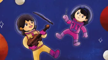 An illustration of two children in spacesuits floating aside the planets.