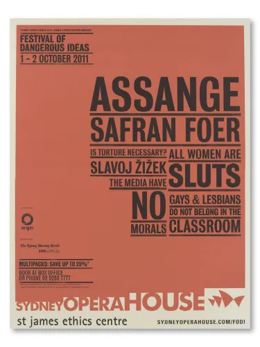 An orange poster labelled 'Assange Safran Foer'.