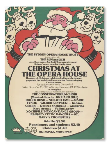 Santa holding a sack labeled 'The Sydney Opera House Trust', reindeers behind.