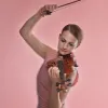 An artist playing a violin, against a pink background.