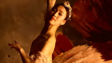 A ballerina in a pink jewelled tutu and tiara mid-pose, against a dark red and grey background.