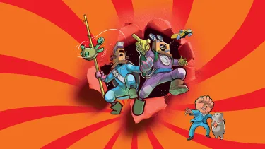 Colorful cartoon characters burst through a vivid orange and red spiral background. They hold playful, futuristic weapons, conveying a dynamic, adventurous tone.