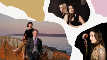 A collage of six Utzon Music artists with shapes in pink, gold and white surrounding.