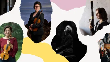 Collage of four musicians. Top left woman with violin, cloudy sky backdrop. Top right woman holding a bassoon, concrete wall backdrop. Bottom left woman with a violin, outdoors, greenery. Bottom center person in black-and-white profile, sitting at a piano