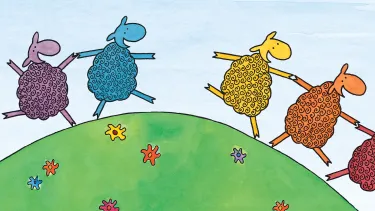 An illustration of five coloured sheep holding hands and skipping through a field.
